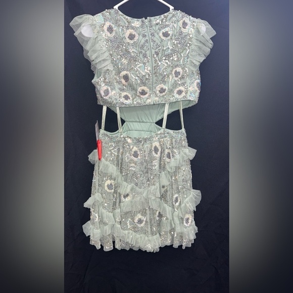 Mac Duggal 35101 NWT Embellished Jewel Neck Tulle Ruffle Mini Dress in Sage - Picture 7 of 9